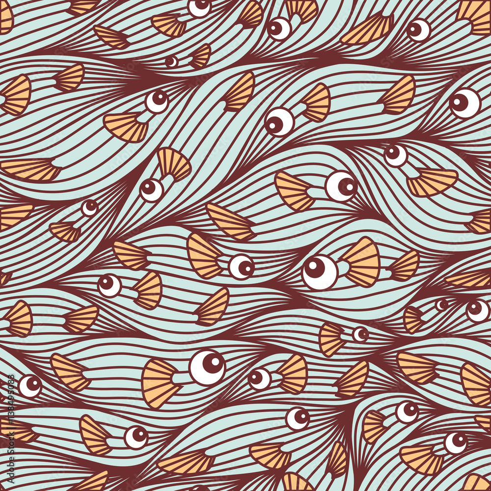 Seamless pattern with fish. Sea waves and fish. Vector illustration. Seamless pattern with fish. Sea waves and fish. Vector illustration.