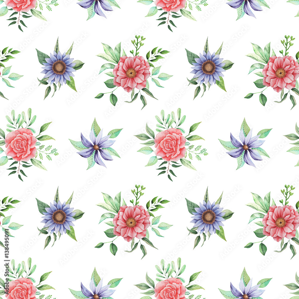 Seamless watercolor pattern with flowers and leaves, isolated on white background Seamless watercolor pattern with flowers and leaves, isolated on white background