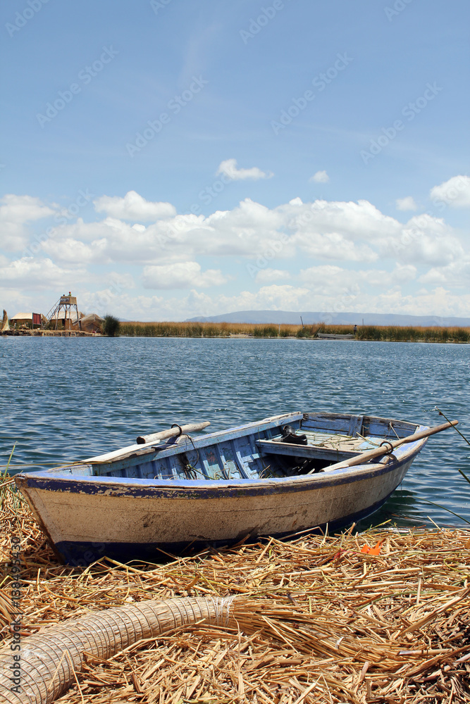 Peruvian boat on reed islands on Lake Titicaca in Peru, South America