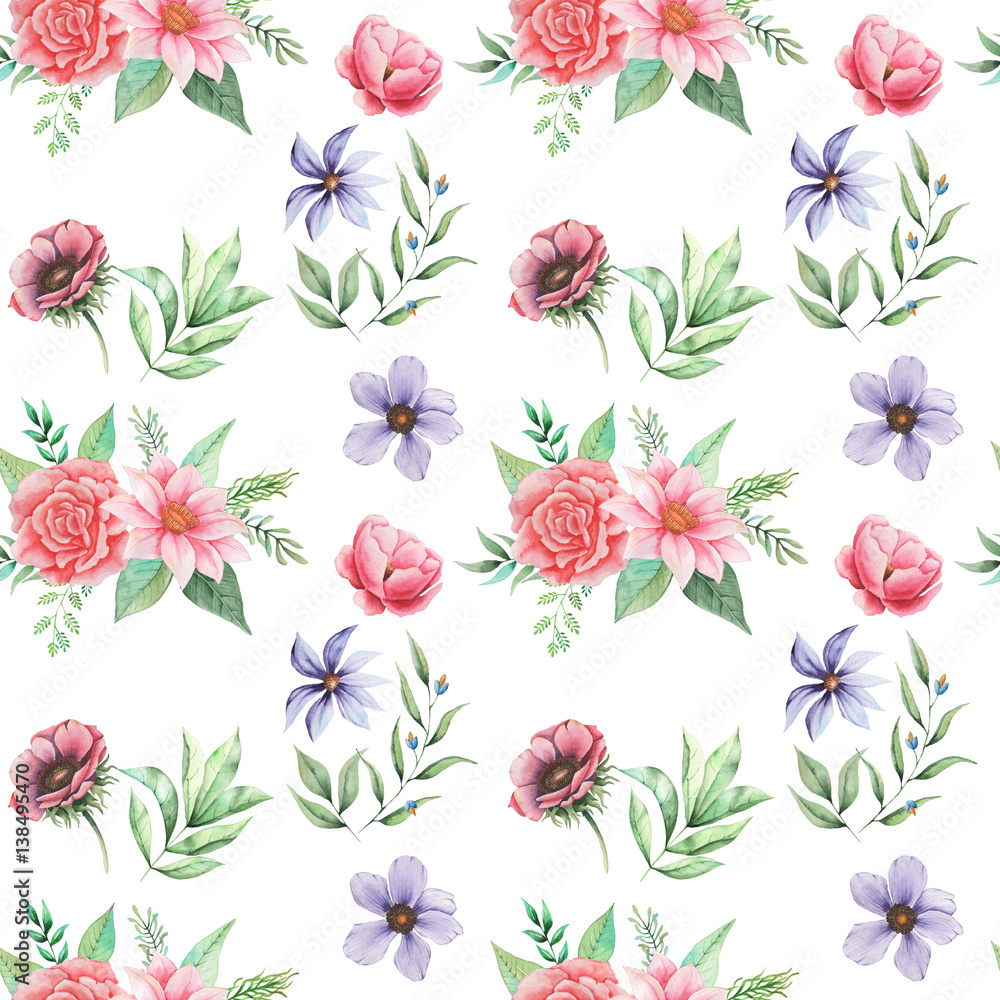 Seamless watercolor pattern with flowers and leaves, isolated on white background