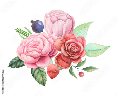 Hand painted watercolor charming combination of Flowers and Leaves isolated on white background