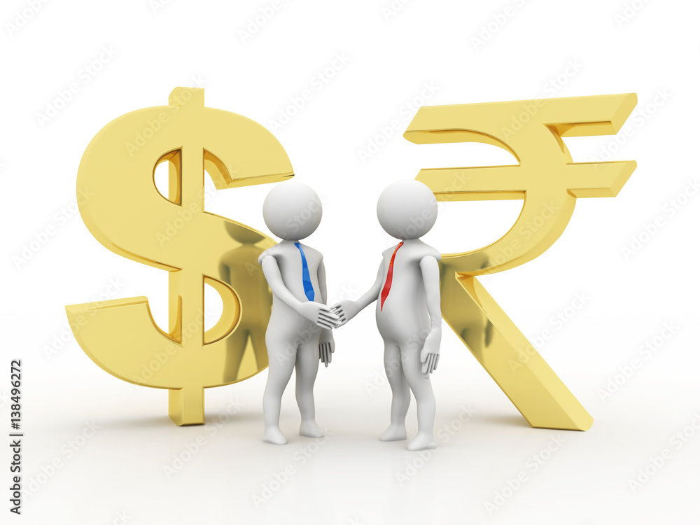 3d Illustration of businessman shaking hands with his business partner after big deal agreement, 3d rendering of human businessman character with Dollar and Indian Rupee 3d Illustration of businessman shaking hands with his business partner after big deal agreement, 3d rendering of human businessman character with Dollar and Indian Rupee