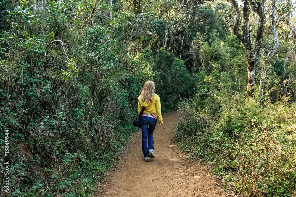 Girl walks on road surrounded with tropical forest Girl walks on road surrounded with tropical forest