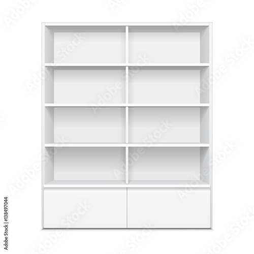 Blank Empty Showcase Display With Retail Shelves. 3D. Front View. Mock Up, Template. Illustration Isolated On White Background. Ready For Your Design. Product Advertising. Vector EPS10