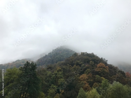 Misty autumn day in the forested hills