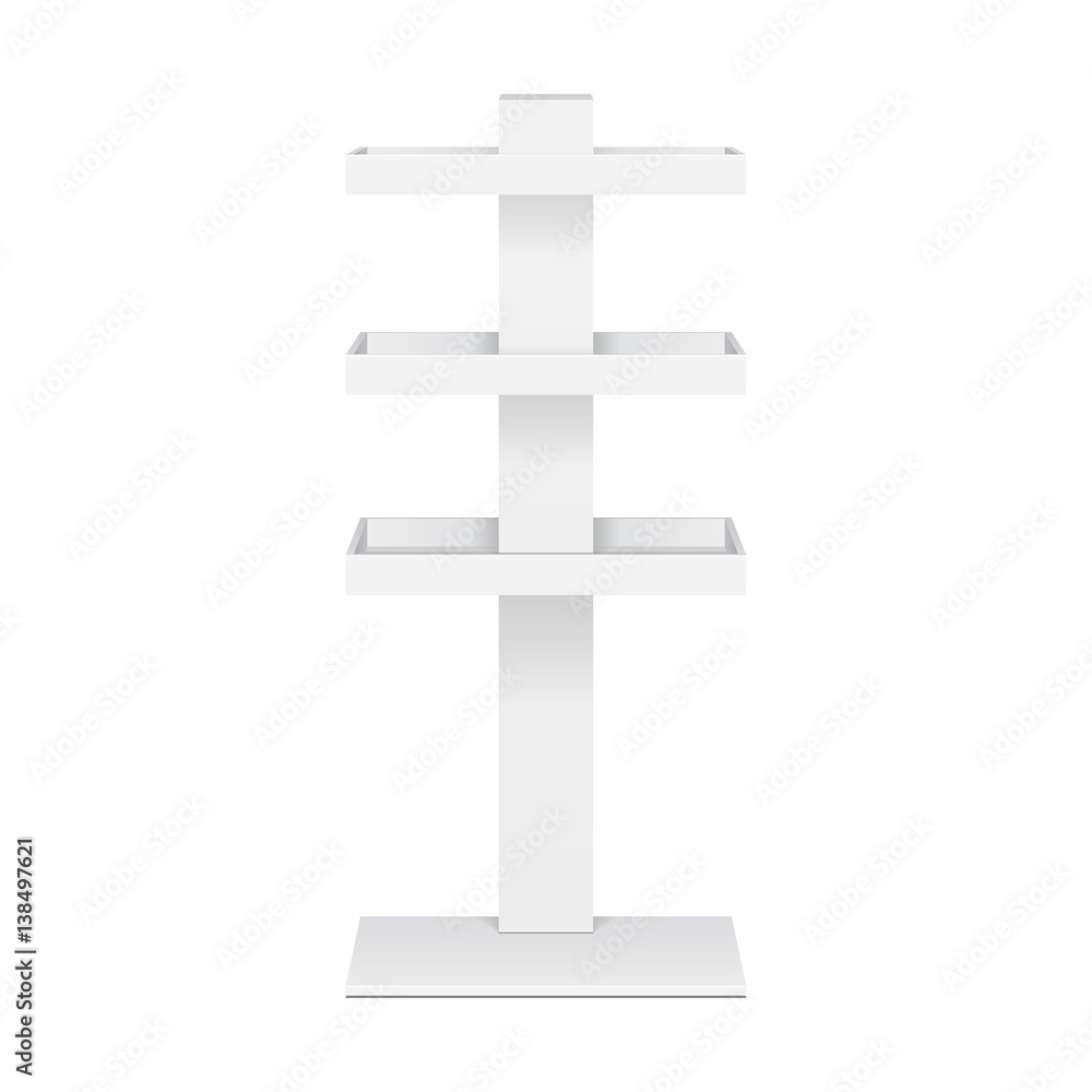 Retail Shelves Floor Display Rack For Supermarket Blank Empty With Banner Mock Up. 3D On White Background Isolated. Ready For Your Design. Product Advertising. Vector EPS10