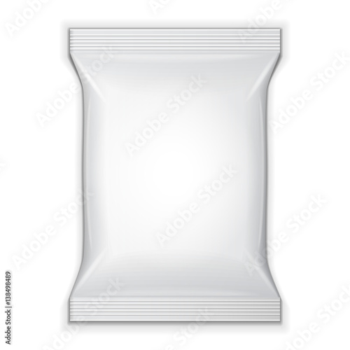 Blank Foil Food Snack Bag For Sachet, Sweets, Chips, Cookies Or Candy. Mock Up Template. Illustration Isolated On White Background. Ready For Your Design. Product Packaging. Vector