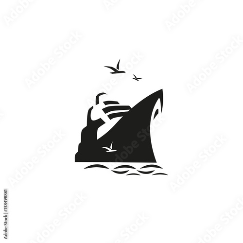Nautical symbol concept. Ocean liner icon. Freehand brush style. Monchrome black white colors. Maritime sea cruise ship vessel tour emblem. Vector seashore journey background. Marine logo template