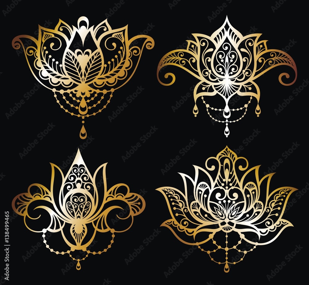 Gold Lotus logo vector art set design.Vector ornamental Lotus flowers