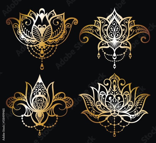 Fototapeta Naklejka Na Ścianę i Meble -  Gold Lotus logo vector art set design.Vector ornamental Lotus flowers