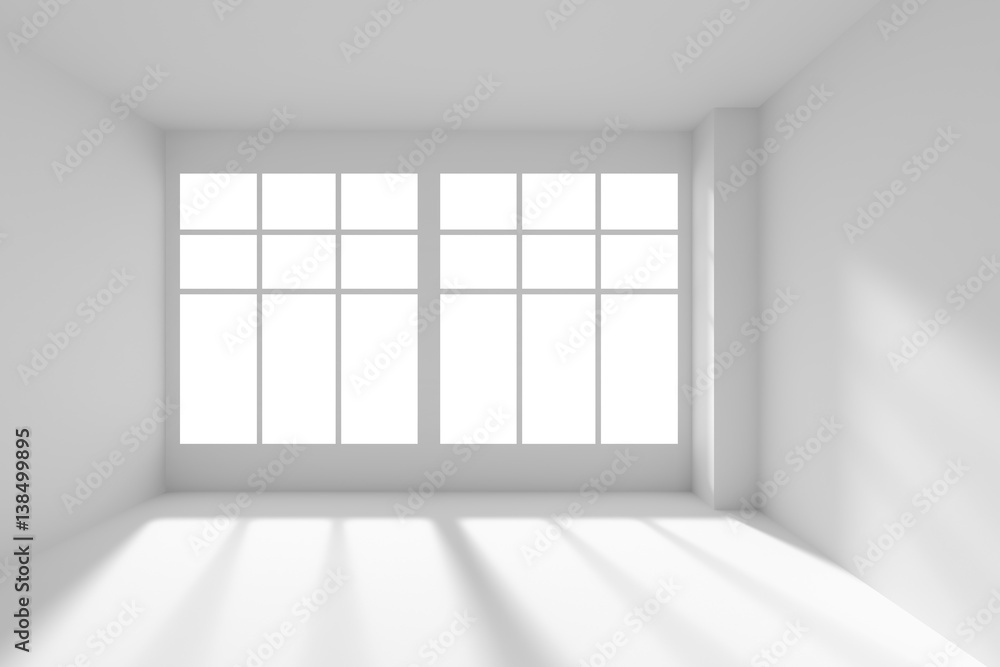 Fototapeta premium White empty room with windows and sunlight front view