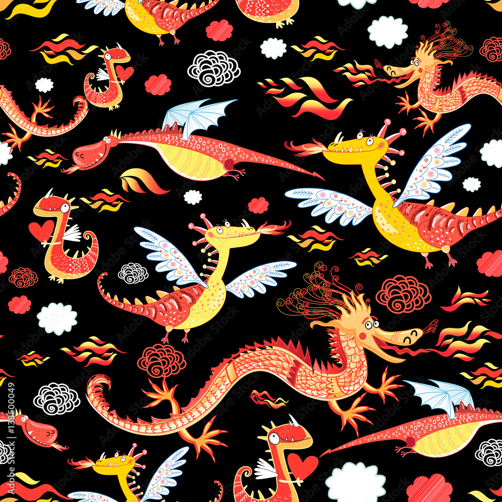 Obraz premium Seamless pattern of bright funny dragon