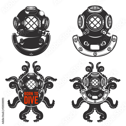 Set of vintage diver helmets. Diver helmet with octopus tentacles. Born to dive. Design elements for logo, label, emblem. Vector illustration.