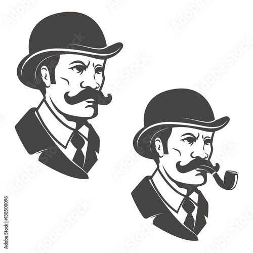Gentleman head with vintage hat with smoking pipe. Design elements for logo, label, emblem. Vector illustration.