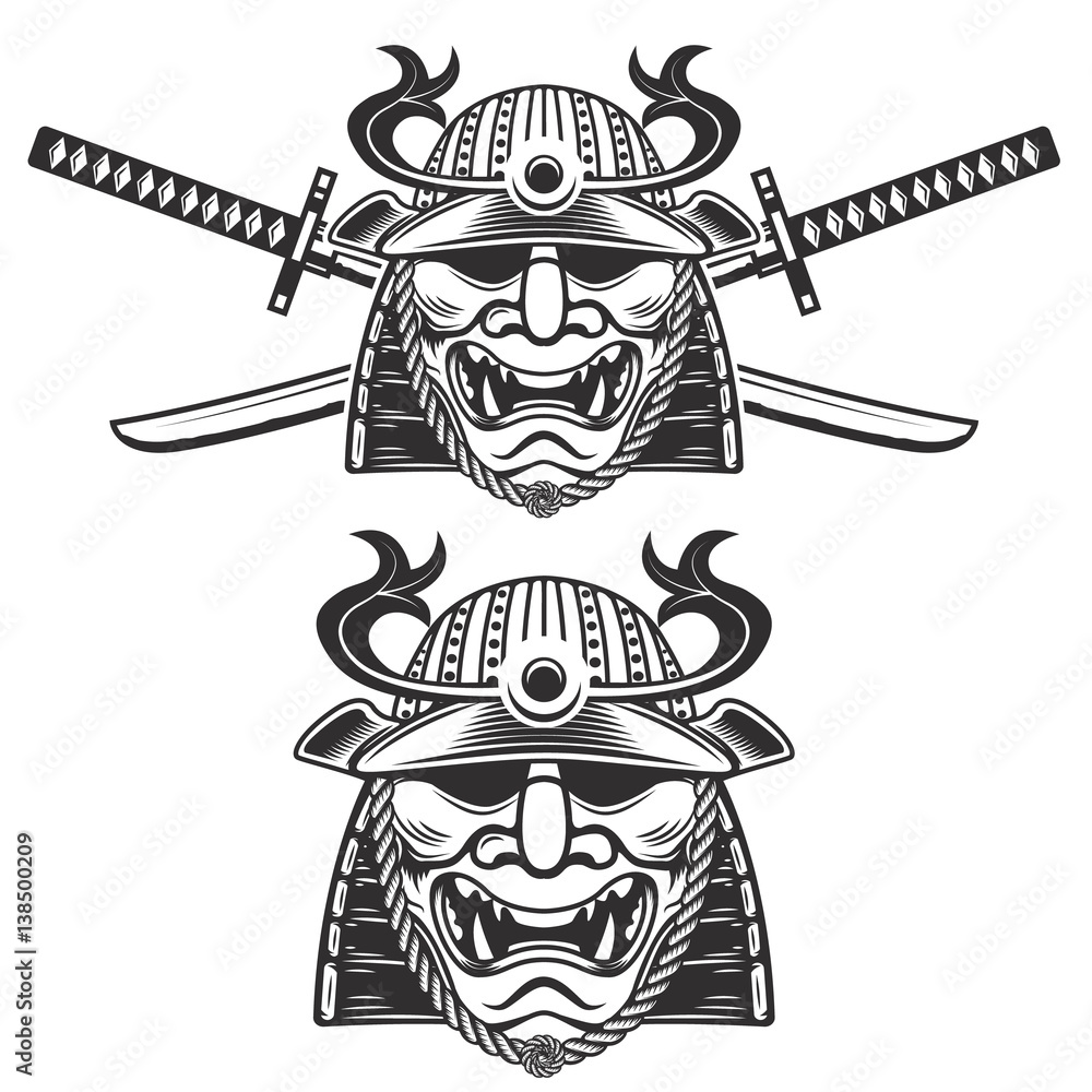 Set of the samurai mask with crossed swords isolated on white ...
