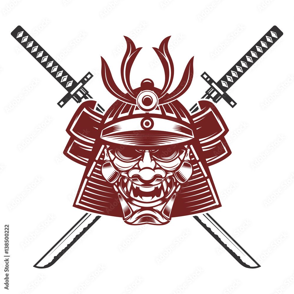 samurai mask with crossed swords isolated on white background. Design ...