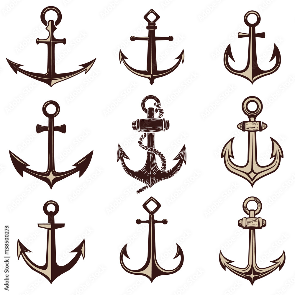 Set of the anchors. Design element for logo, label, emblem, sign. Vector illustration. Set of the anchors. Design element for logo, label, emblem, sign. Vector illustration.