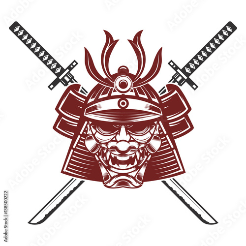 samurai mask with crossed swords isolated on white background. Design elements for logo, label, emblem, sign, brand mark. Vector illustration. photo