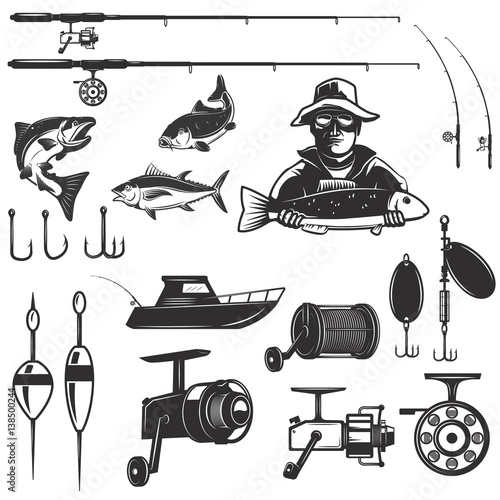 Set of fishing design elements isolated on white background. Images for logo, label, emblem. Vector illustration.
