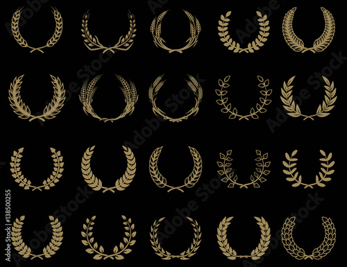 Set of wreaths icons in golden style. Design element for logo, label, emblem, sign. Vector illustration.