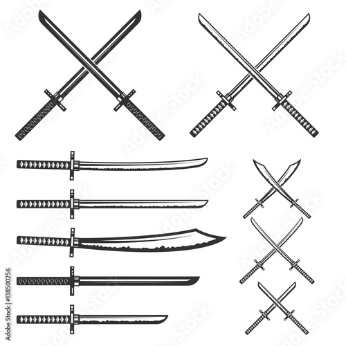 Set of samurai swords. Design element for logo, label, emblem, sign. Vector illustration.