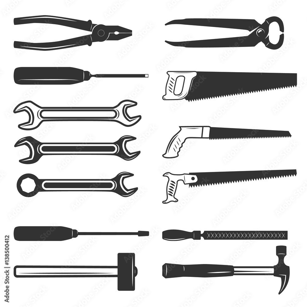 Set of the working tools isolated on white background. Design elements for logo, label, emblem, sign, brand mark. Vector illustration.