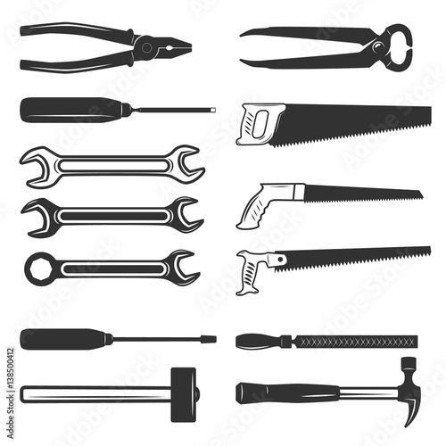 Set of the working tools isolated on white background. Design elements for logo, label, emblem, sign, brand mark. Vector illustration.