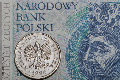 Polish fifty zloty bill and coin macro