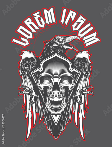Dark evil raven with spread wings and skull.Vector illustration