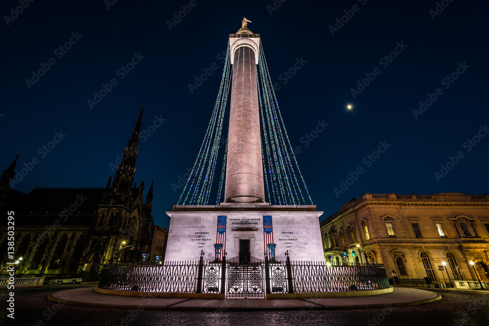 The Washington Monument at night, in Mount Vernon, Baltimore, Maryland.