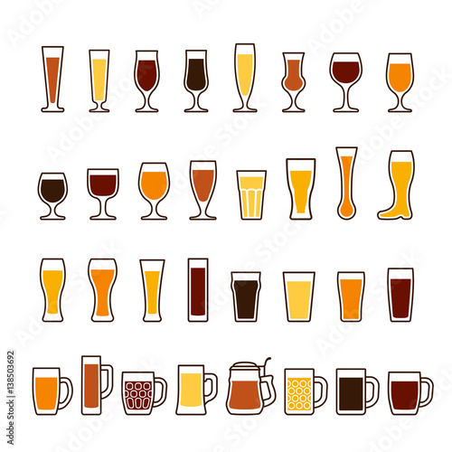 Beer in glasses and mugs, different types. Vector icon set