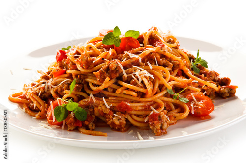 Pasta with meat  tomato sauce and vegetables 