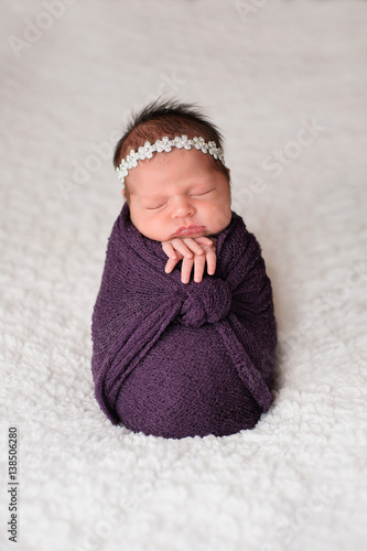 Posed Newborn Girl Sleeping in a Purple Swaddle