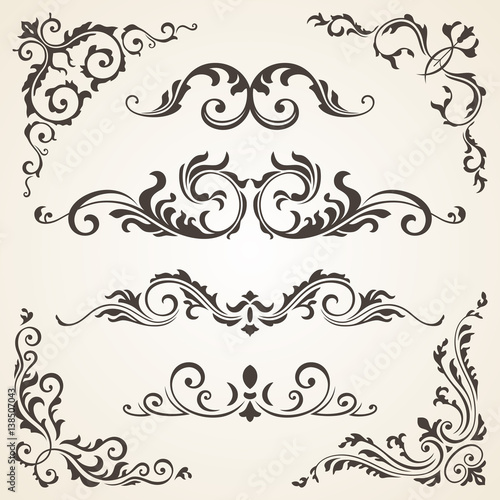 Vector set of Swirl Elements and Corners for design. Calligraphic page decoration, Labels, banners, baroque Frames floral ornaments. Old paper