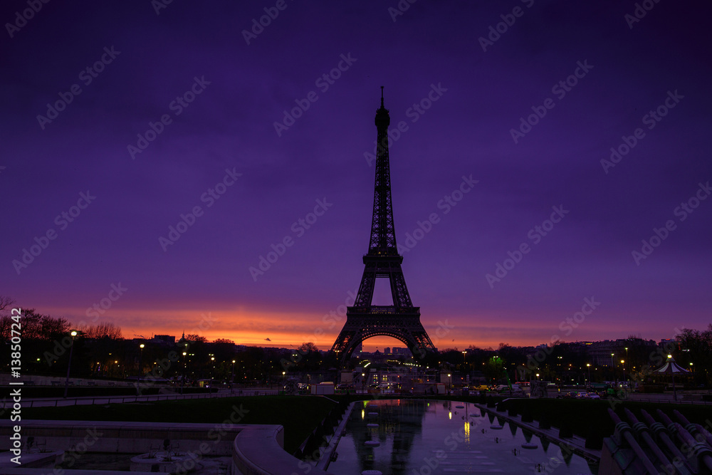 Awesome incredible pink-orange-lilac sunrise. View of the Eiffel Tower from the Trocadero. Beautiful morning cityscape. Paris. France.