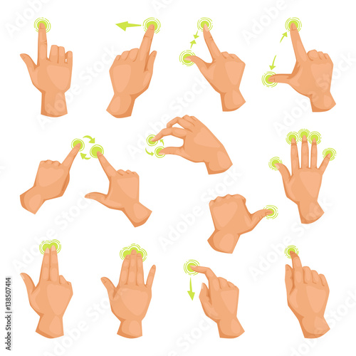 Screen mobile gadget motion fingers gestures tap and hand touch phone communication touchscreen electronic tablet device vector illustration.