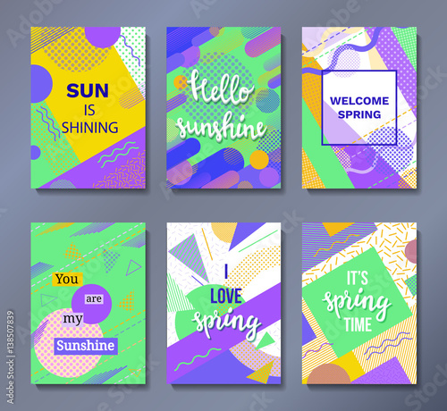 Hello spring posters set in trendy 80s-90s memphis style with geometric patterns and shapes. Vector illustration with lettering and colorful background