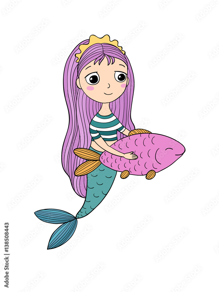 Cute cartoon mermaid and fish. Siren. Sea theme. isolated objects on white  background. Stock Vector | Adobe Stock