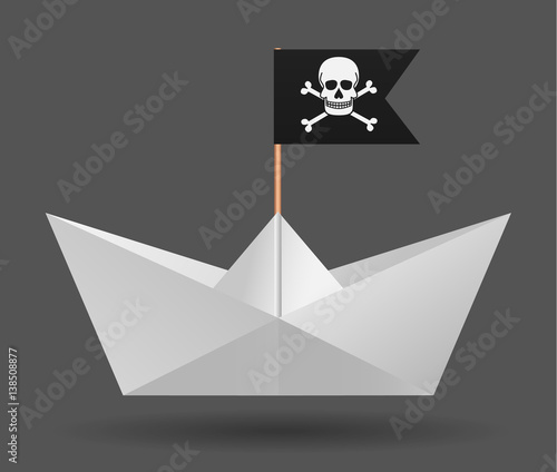 Paper boat with a pirate flag. White background. Isolated object.