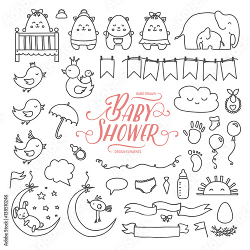 Baby shower related design elements set. Hand drawn vintage illustration.