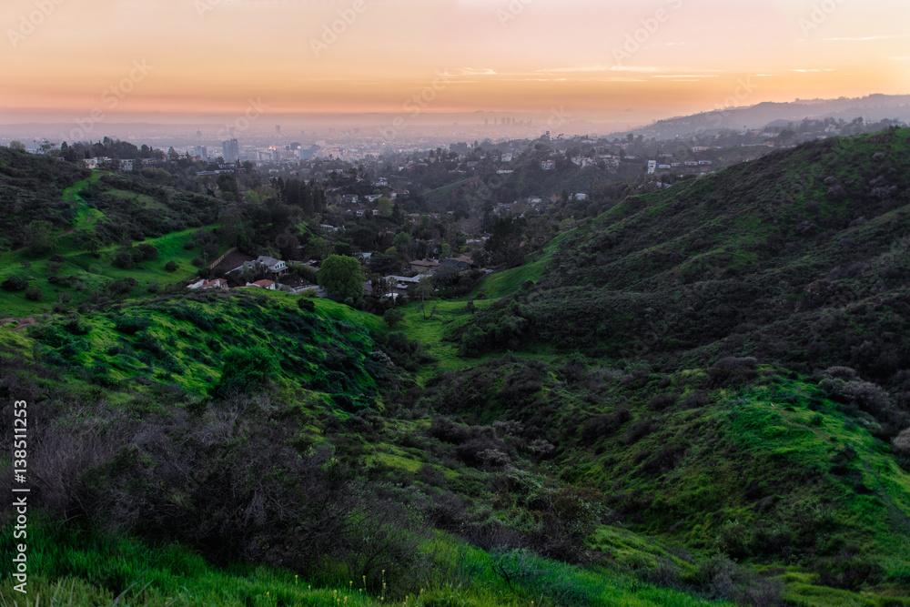 Beautiful nature landscape with hills and green grass and Los Angeles City in valley at sunset time