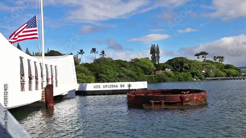 Tourists visiting patriotic memorial monument shipwreck of USS Arizona BB 39 at Pearl Harbor in Honolulu Hawaii, Oahu island of United States. Sunken on December 7, 1941. National historic landmark.
