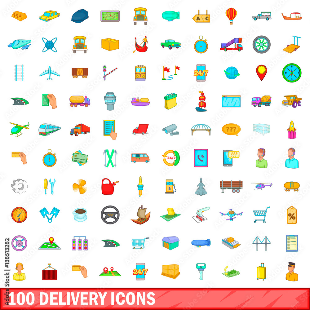 100 delivery icons set, cartoon style 100 delivery icons set, cartoon style
