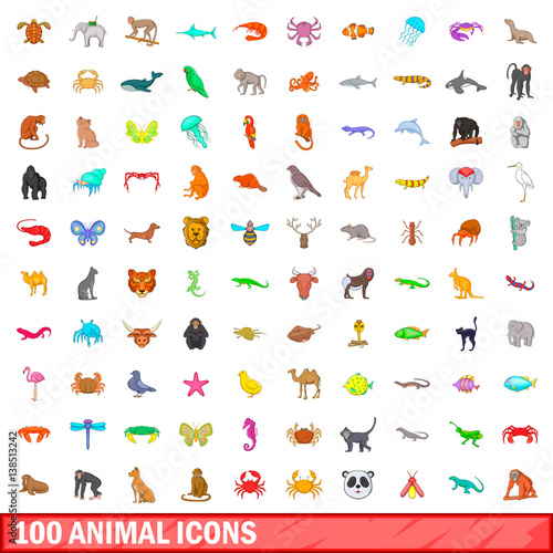 100 animal icons set, cartoon style