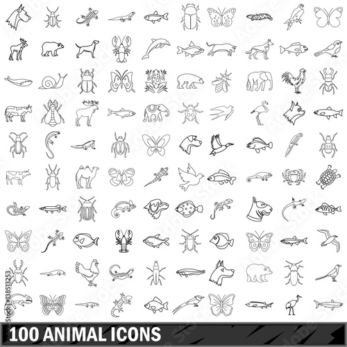 100 animal icons set, outline style