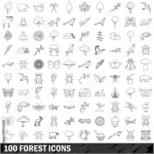 100 forest icons set, outline style