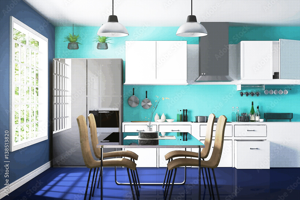 designer kitchen art: patterns, prints, and more -... 3D rendering : illustration of White interior modern kitchen room ...