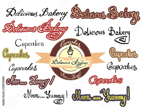 Vector of delicious bakery, cupcakes, yummy lettering set. Hand drawn illustration of cake and design logo for delicious bakery