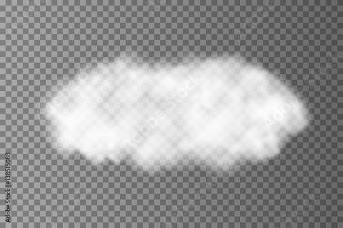 Realistic vector transparent cloud on dark background. Transparent gray steam, fog or smoke