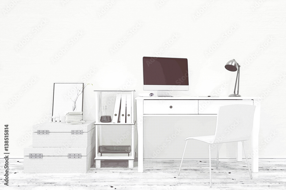 Fototapeta premium 3D Rendering : illustration of modern Creative designer office desk with PC computer.close up pc laptops mock up working place. Mock up. light from outside. filtered image to comic halftone